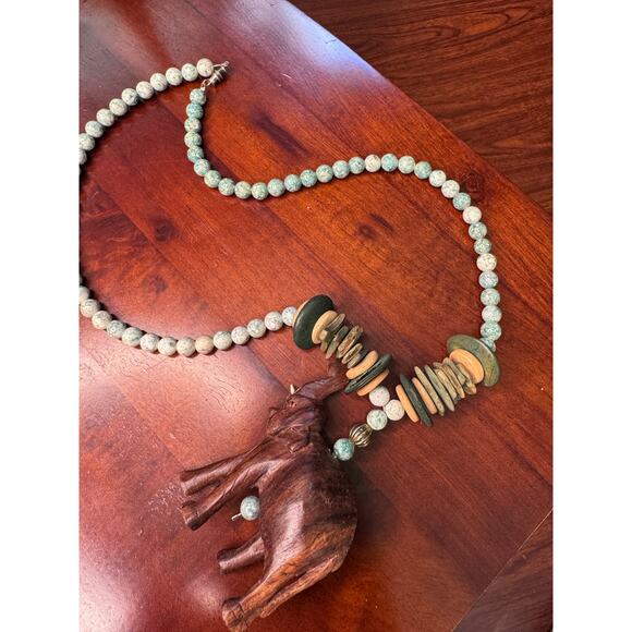 Rustic Beaded BOHO Necklace with happy Elephant Wooden ChipS/Agate Beads. - Picture 4 of 4
